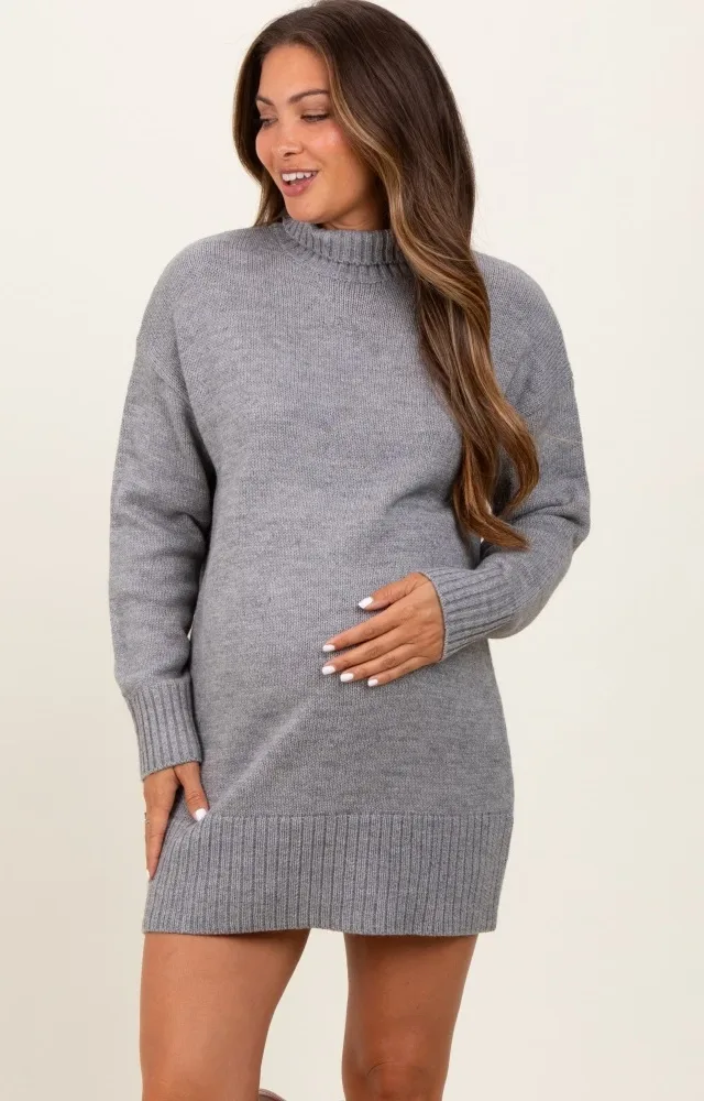 Heather Grey Turtle Neck Maternity Mini Sweater Dress