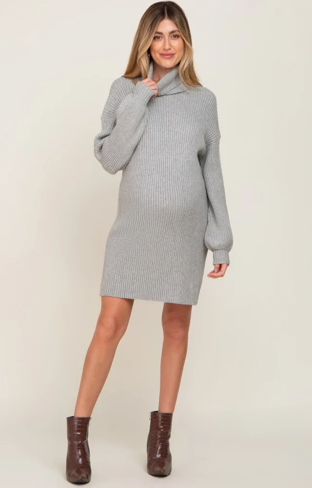 Heather Grey Turtleneck Ribbed Maternity Sweater Dress