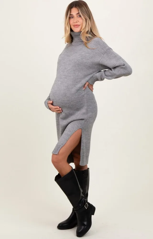 Heather Grey Turtleneck Side Slit Maternity Midi Sweater Dress