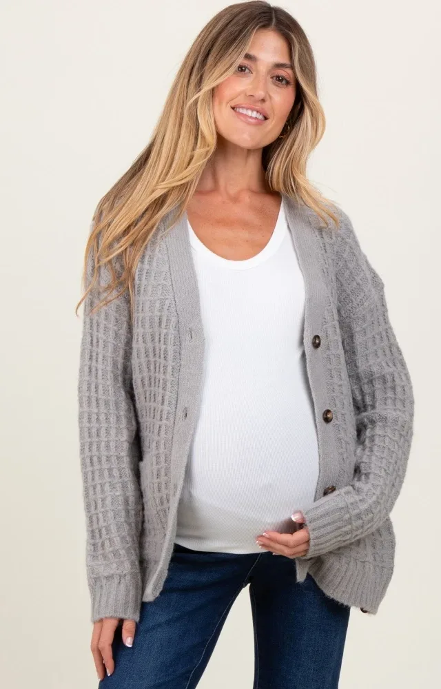 Heather Grey Waffle Knit Button Up Maternity Cardigan