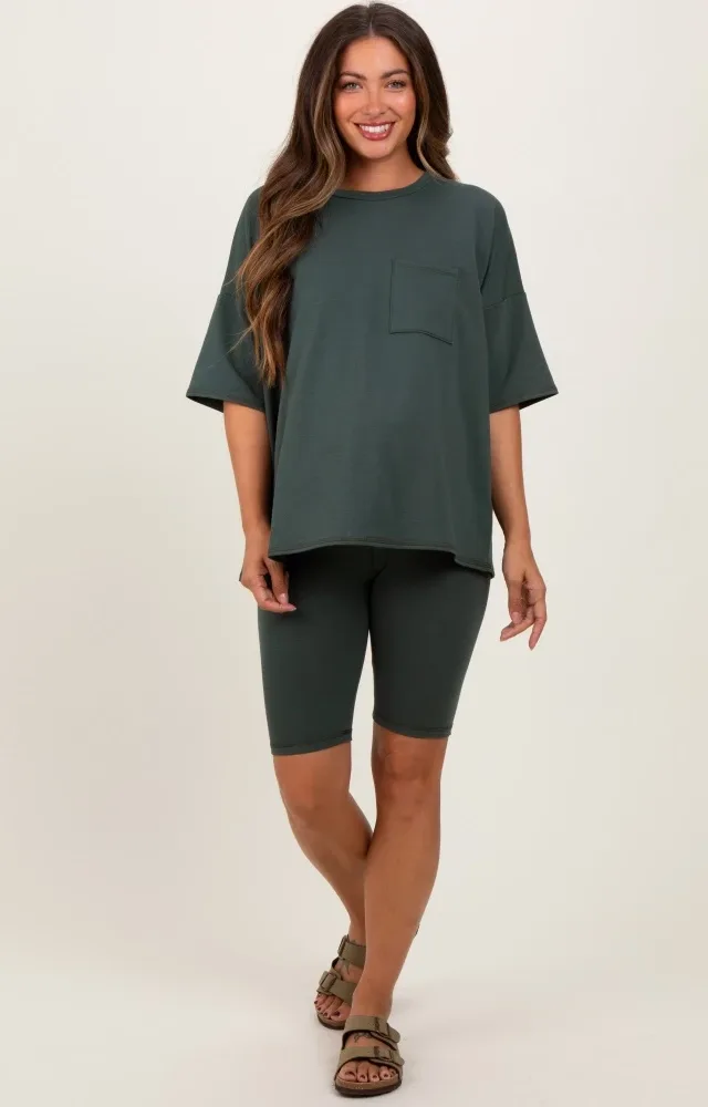 Hunter Green Oversized Short Sleeve Biker Short Maternity Set