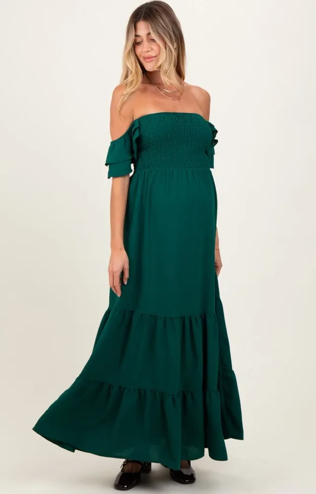 Hunter Green Smocked Ruffle Off Shoulder Tiered Maternity Dress