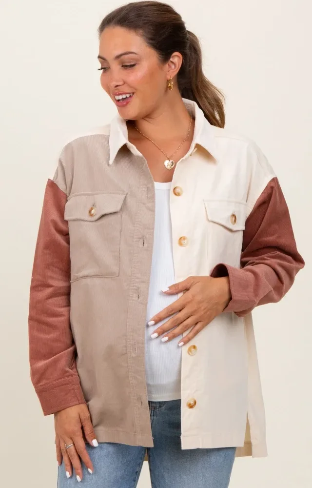 Ivory Corduroy Colorblock Oversized Maternity Shirt Jacket