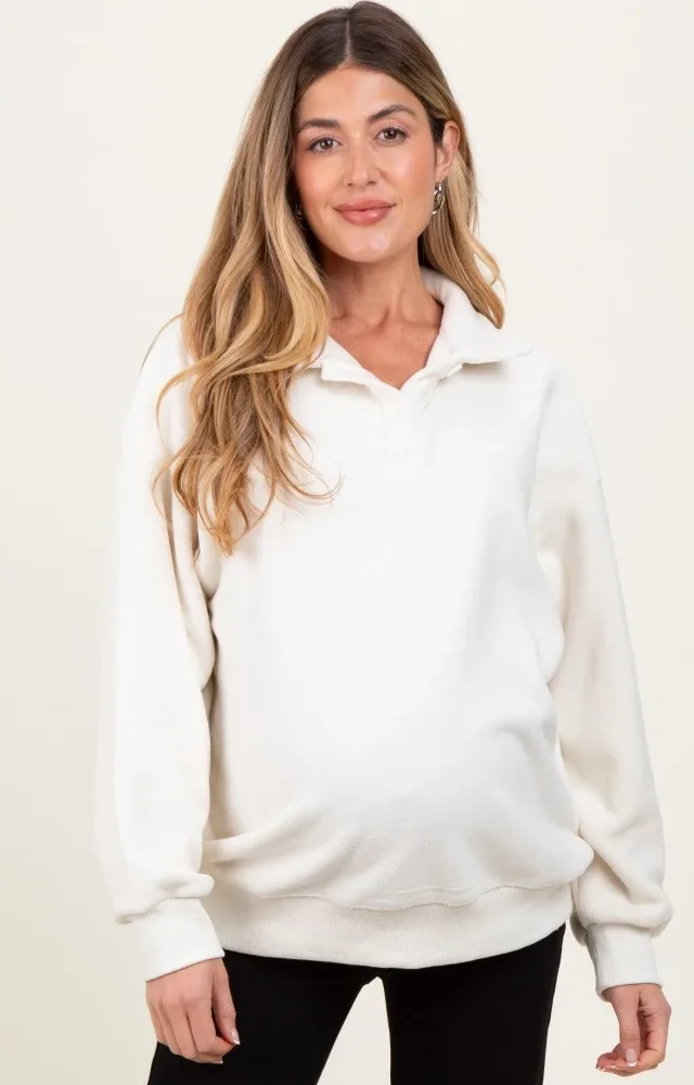 Ivory Fleece Collared Button Up Maternity Pullover