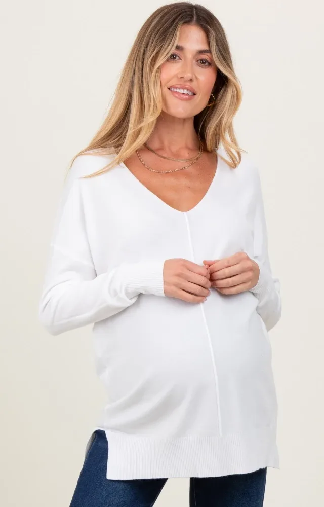 Ivory Front Seam V-Neck Side Slit Maternity Sweater