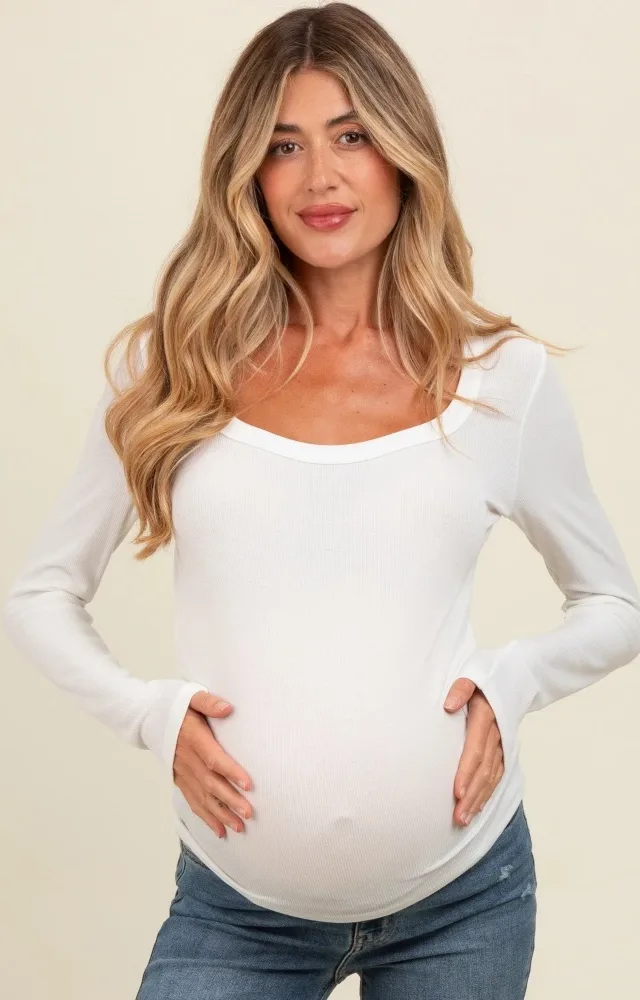 Ivory Ribbed Square Neck Long Sleeve Maternity Top