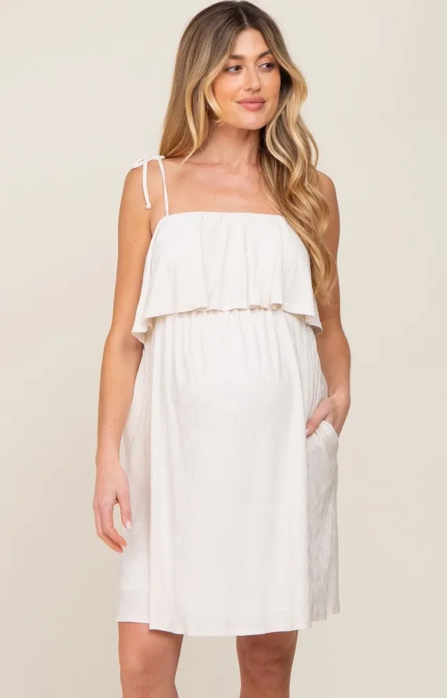 Ivory Ruffle Overlay Shoulder Tie Maternity Dress