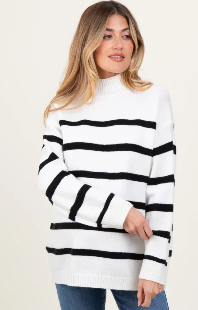 Ivory Striped Oversized Mock Neck Maternity Sweater