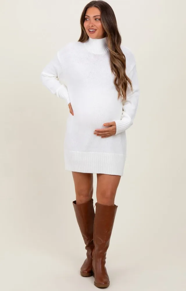 Ivory Turtle Neck Maternity Mini Sweater Dress