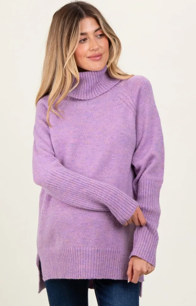 Lavender Contrast Rib Turtle Neck Maternity Sweater