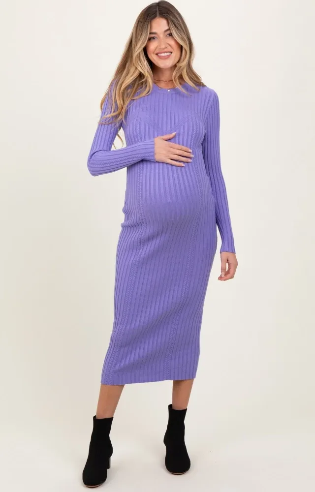 Lavender Contrast Ribbed Knit Maternity Midi Dress