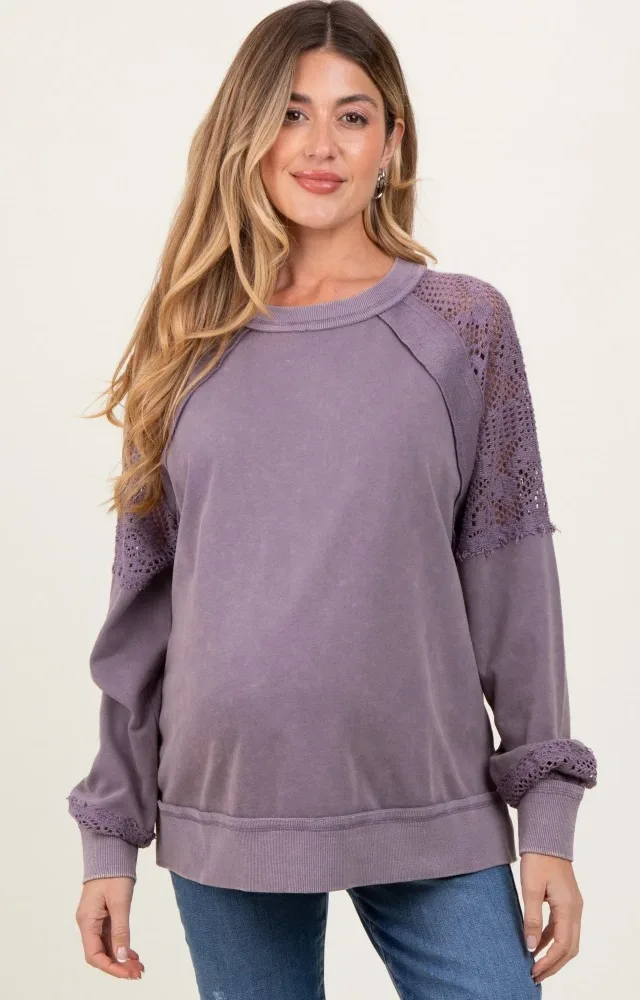 Lavender Lace Inset Exposed Seam Maternity Pullover Top