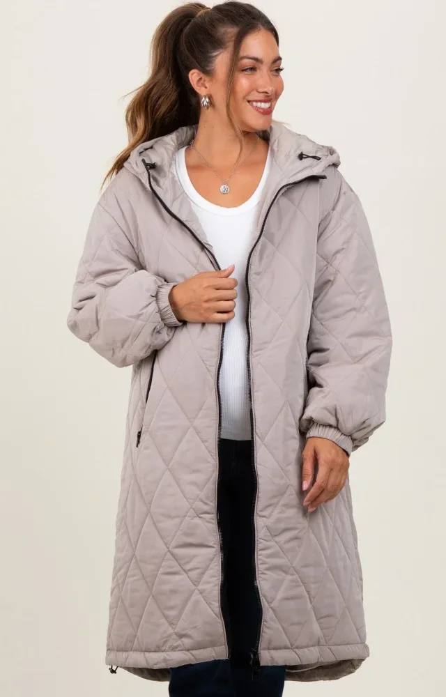 Light Mocha Quilted Long Maternity Puffer Jacket