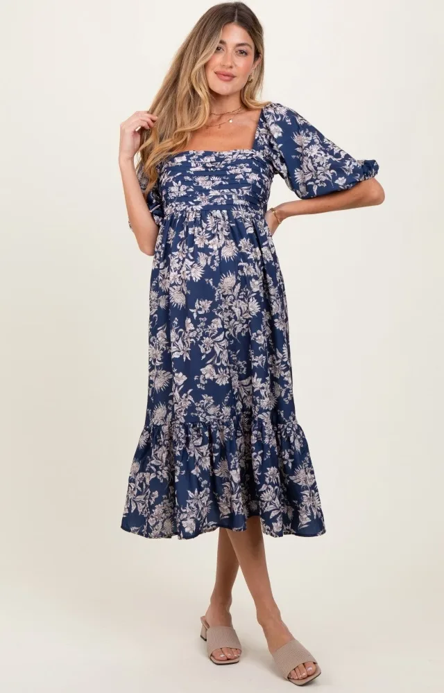 Light Navy Floral Pleated Bodice Maternity Midi Dress