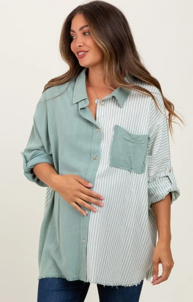 Light Olive Colorblock Stripe Oversized Maternity Button Down