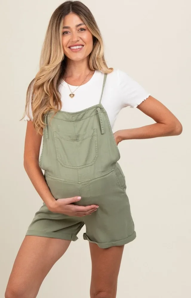 Light Olive Front Pocket Maternity Overall Shorts