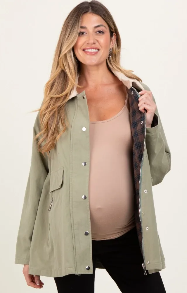 Light Olive Plaid Lined Oversized Maternity Zipper Jacket