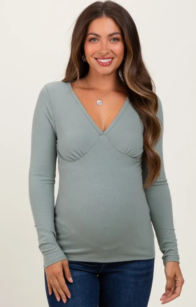 Light Olive Ribbed V-Neck Long Sleeve Maternity Top