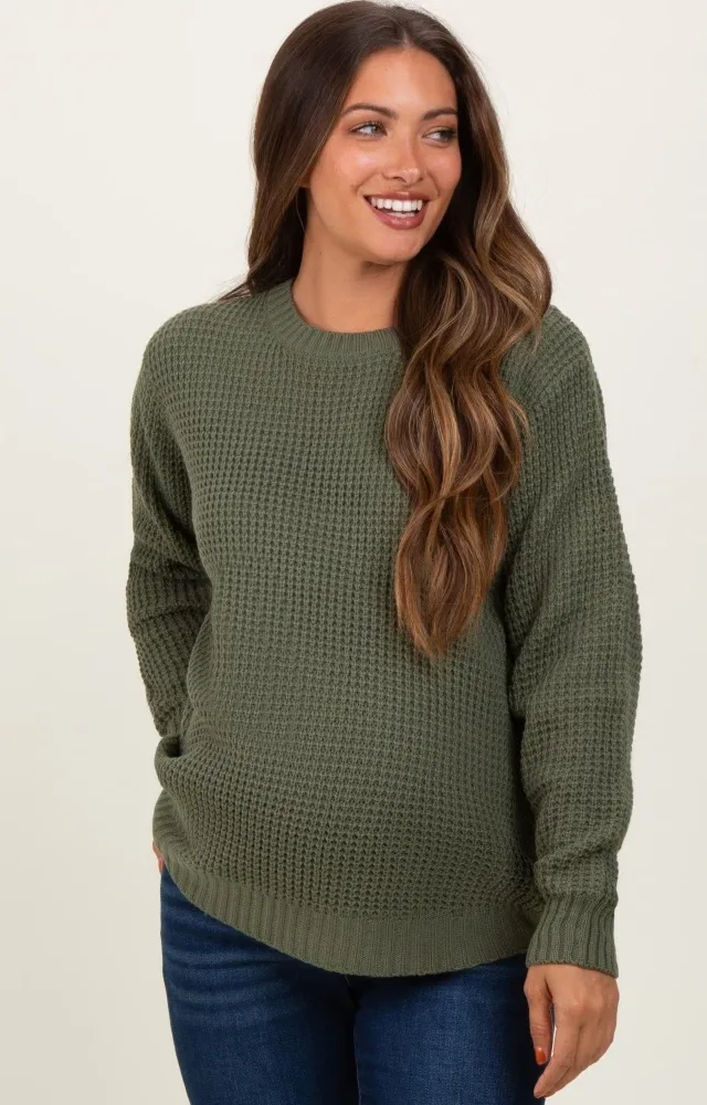 Light Olive Waffle Knit Rounded Hem Maternity Sweater