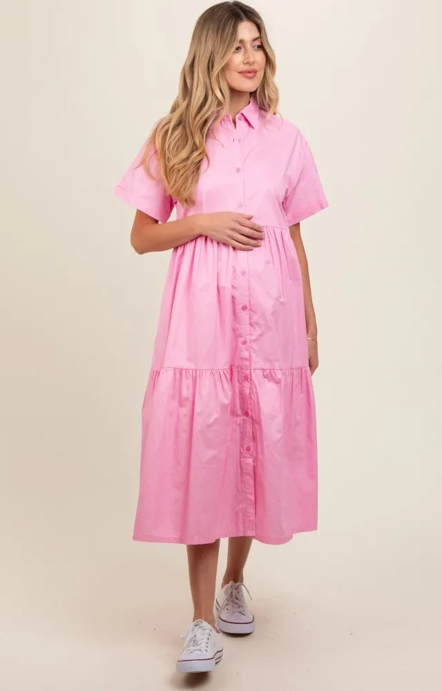 Light Pink Tiered Button Down Maternity Midi Dress