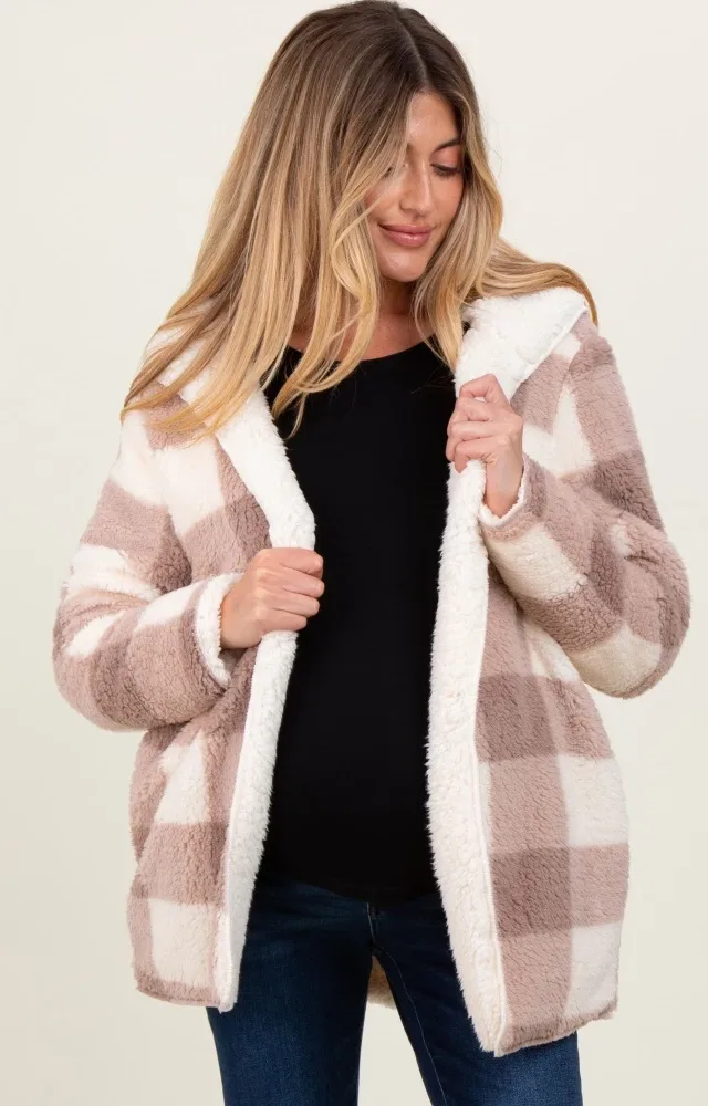 Light Taupe Plaid Teddy Fleece Hooded Maternity Cardigan