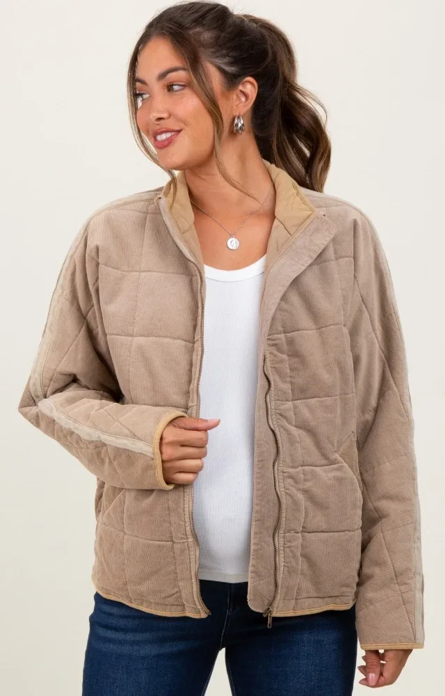 Light Taupe Quilted Corduroy Maternity Puffer Jacket