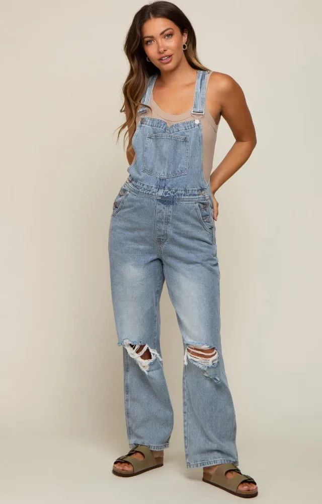 Light Wash Distressed Maternity Overalls