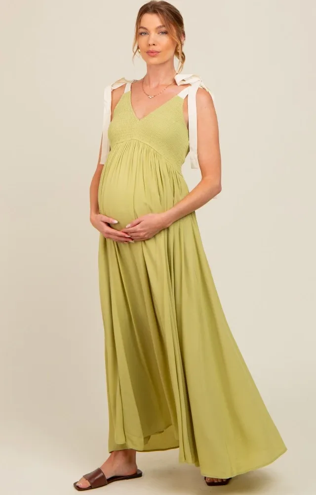 Lime Contrast Shoulder Tie Smocked Maternity Maxi Dress