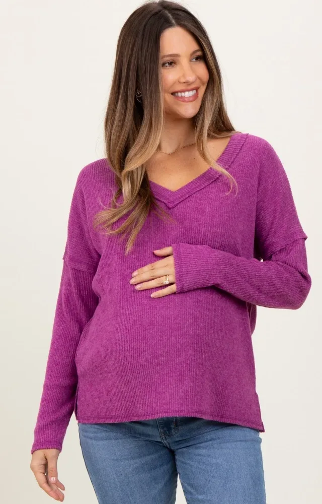 Magenta Ribbed V-Neck Long Sleeve Maternity Top