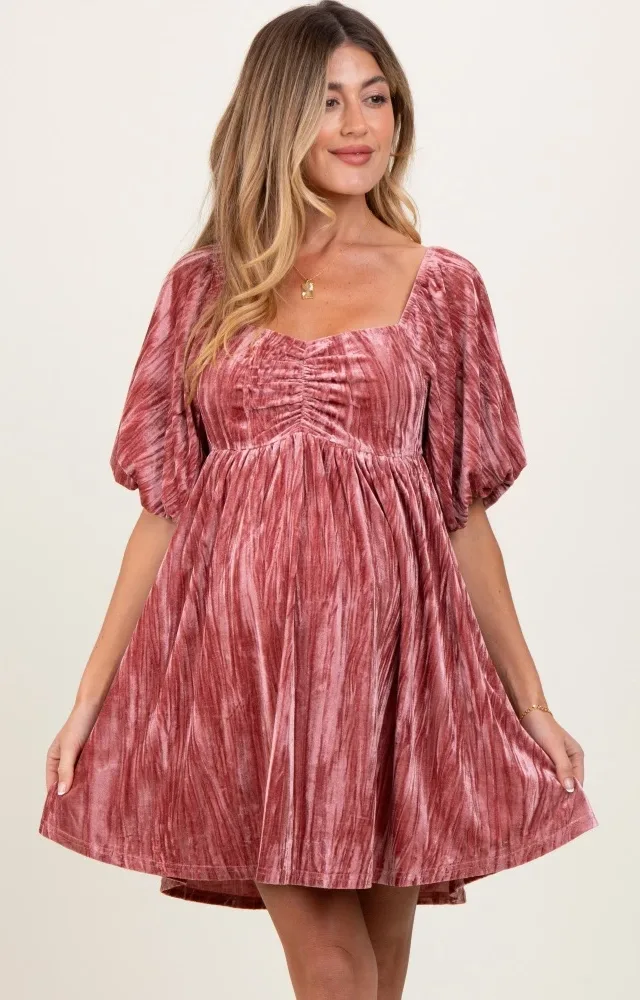 Mauve Crushed Velvet Puff Sleeve Maternity Mini Dress