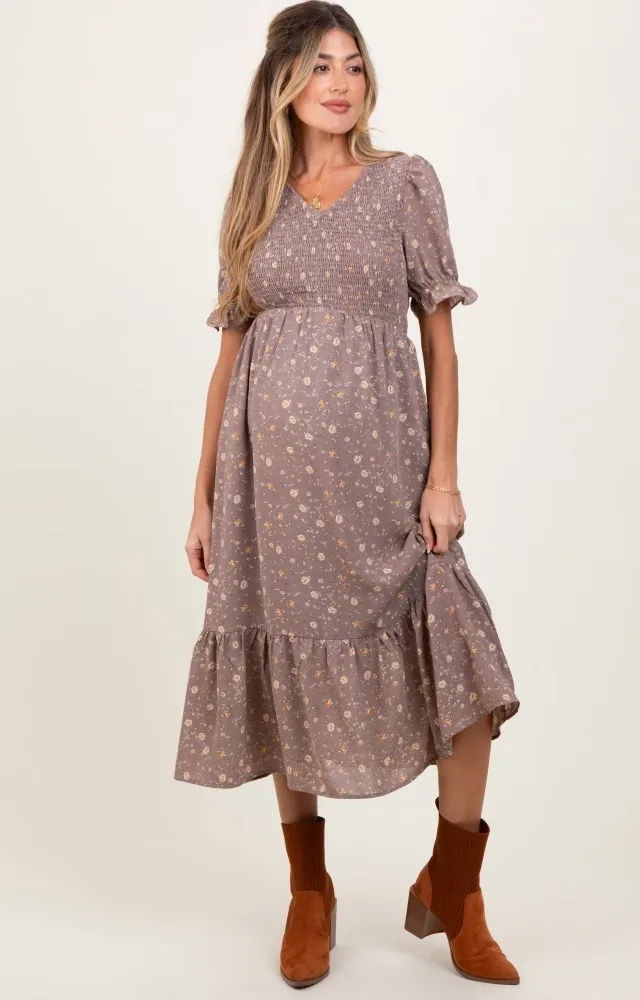 Mauve Floral Print Smocked Ruffle Hem Maternity Midi Dress