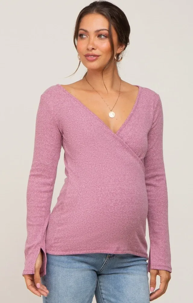 Mauve Ribbed Wrap Maternity Nursing Top