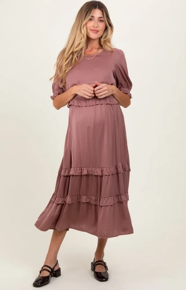 Mauve Satin Ruffle Trim Maternity Midi Dress