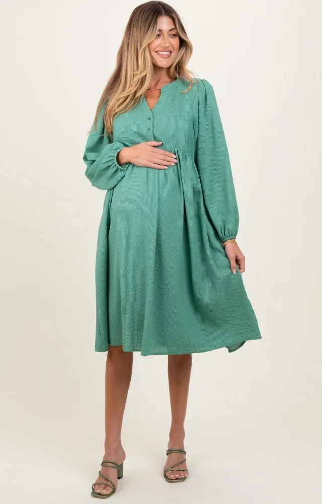 Mint Green Pin Stripe Split Neckline Maternity Midi Dress