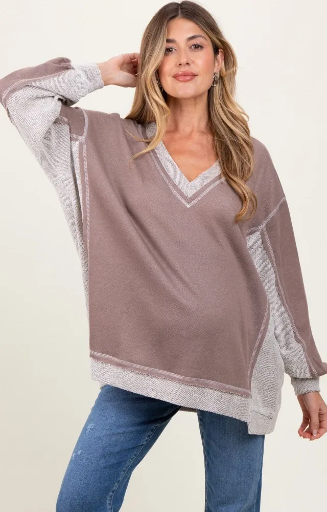 Mocha Contrast French Terry Maternity Long Sleeve Top