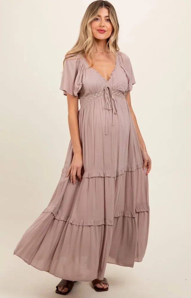 Mocha Crochet Lace Tiered Ruffle Maternity Maxi Dress