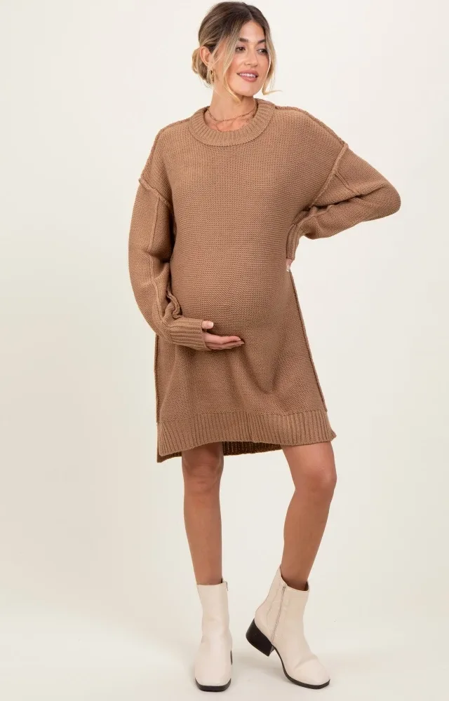 Mocha Exposed Seam Oversized Maternity Sweater Dress