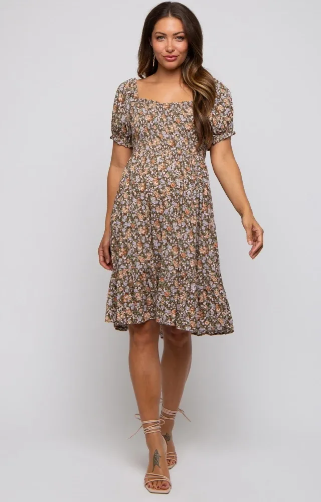 Mocha Floral Smocked Square Neck Short Sleeve Maternity Dress