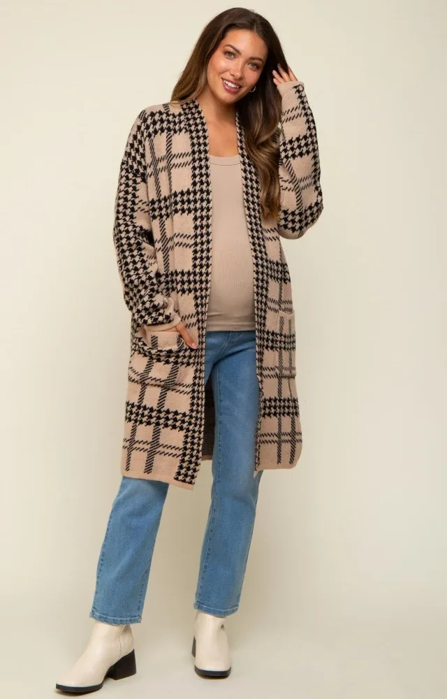 Mocha Houndstooth Long Maternity Cardigan