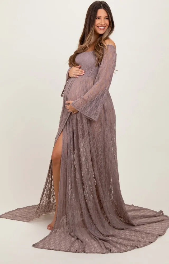 Mocha Lace Off Shoulder Maternity Photoshoot Gown/Dress