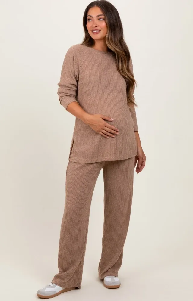 Mocha Ribbed Brushed Knit Long Sleeve Pant Maternity Set