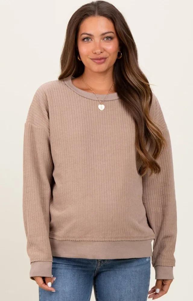 Mocha Ribbed Brushed Knit Maternity Pullover Top