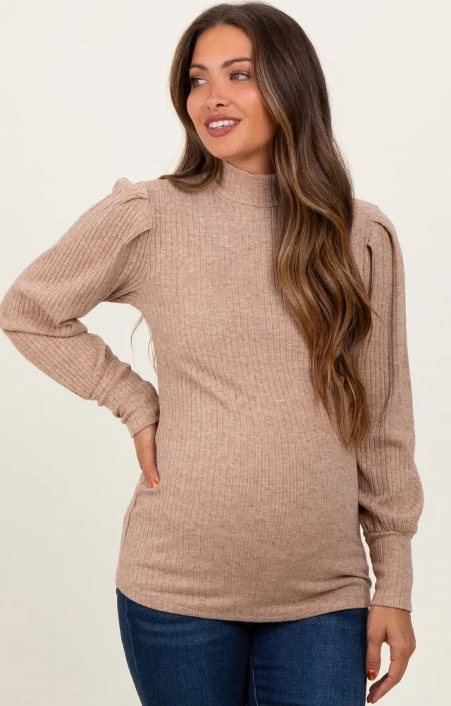 Mocha Ribbed Mock Neck Bubble Sleeve Maternity Top