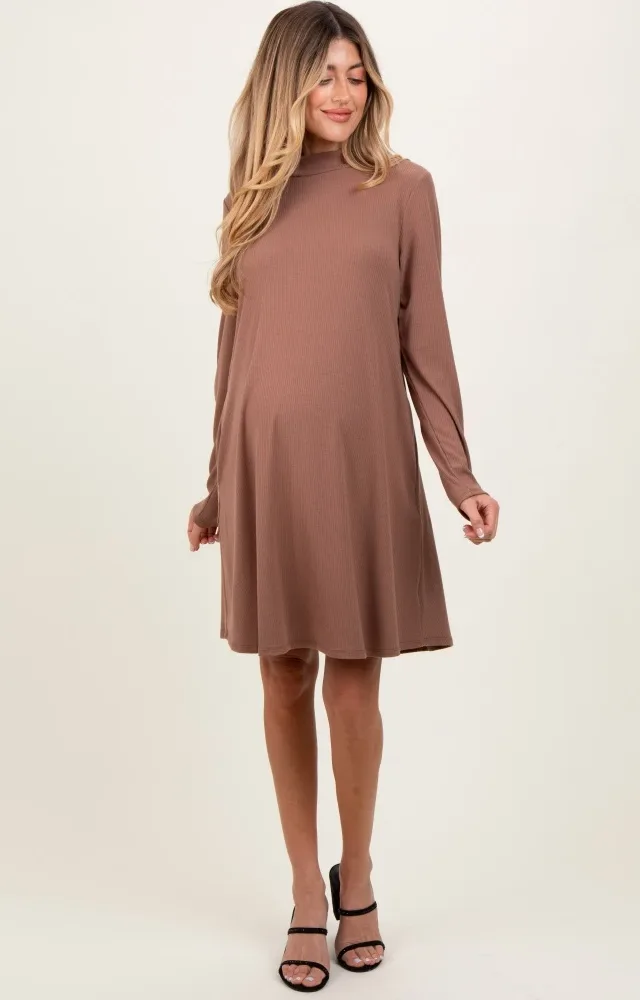 Mocha Ribbed Mock Neck Long Sleeve Basic Maternity Dress