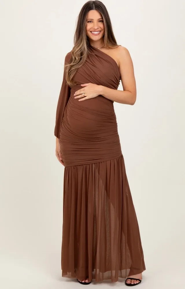 Mocha Ruched Mesh One Shoulder Asymmetric Maternity Maxi Dress