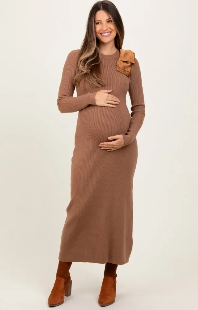 Mocha Shoulder Bow Detail Maternity Midi Knit Dress