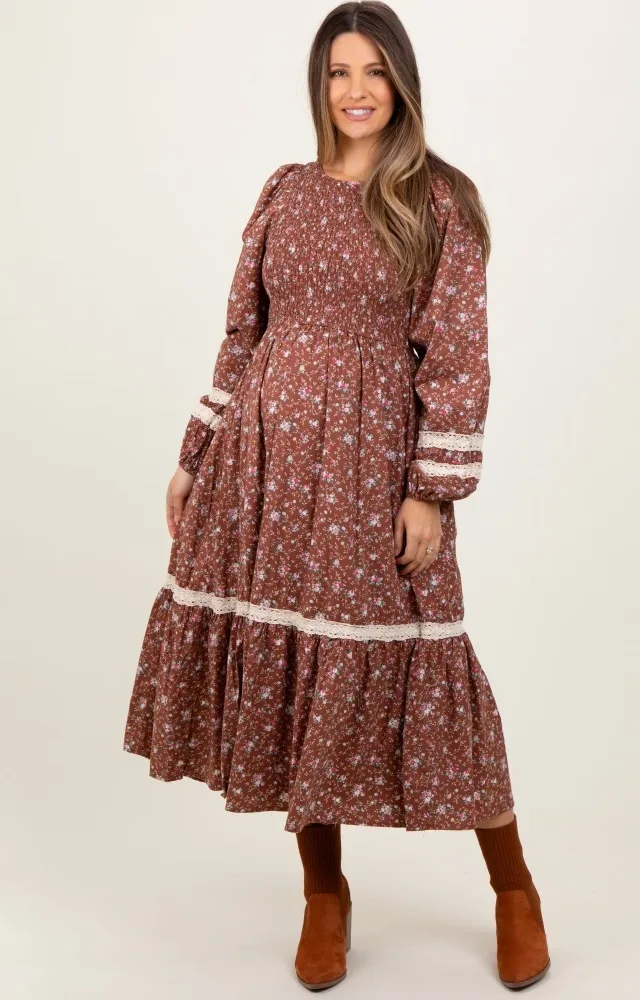 Mocha Smocked Floral Crochet Lace Trim Maternity Maxi Dress