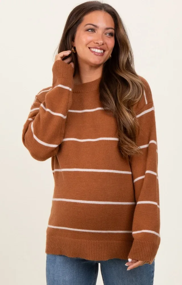 Mocha Striped Mock Neck Maternity Sweater