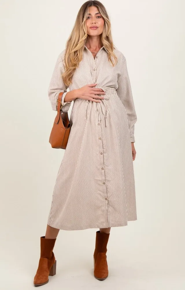 Mocha Striped Sash Tie Maternity Midi Shirt Dress