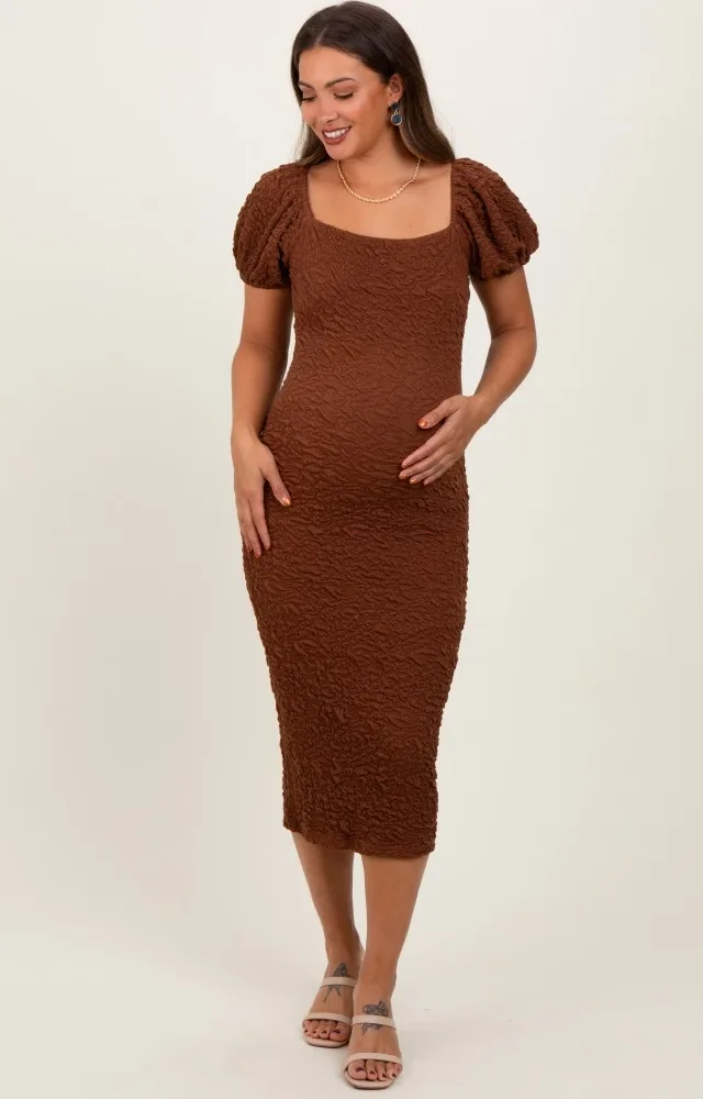 Mocha Textured Square Neck Puff Sleeve Maternity Midi Dress